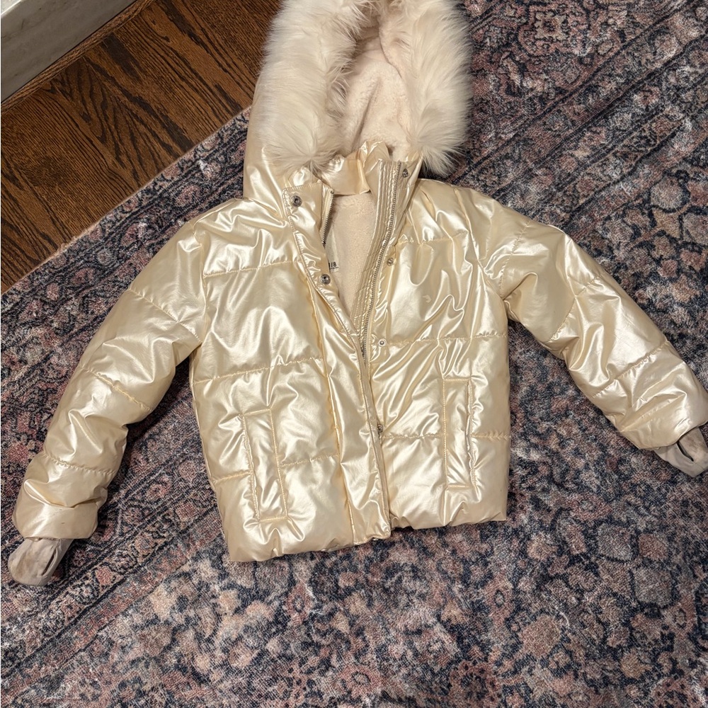 abercrombie kids Shimmery Cream Puffer Jacket with Faux-Fur Hood